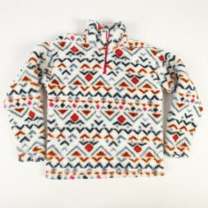 Eddie Bauer Womens Medium Cream Plush Pullover 1/4 Zip Fleece Aztec Geometric